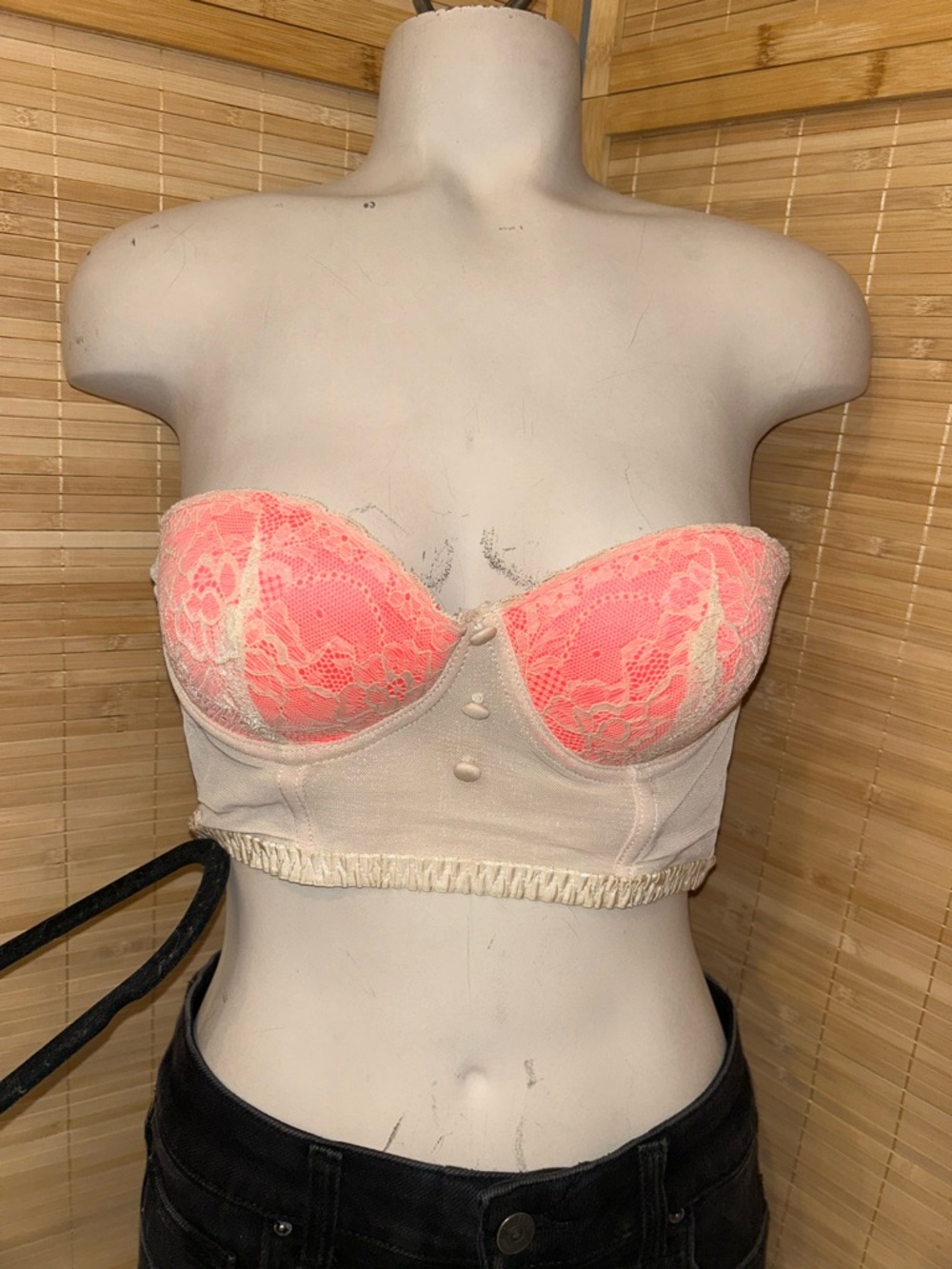 Daisy Fuentes strapless corset-style bra orange lace padded cups beige mesh 34B